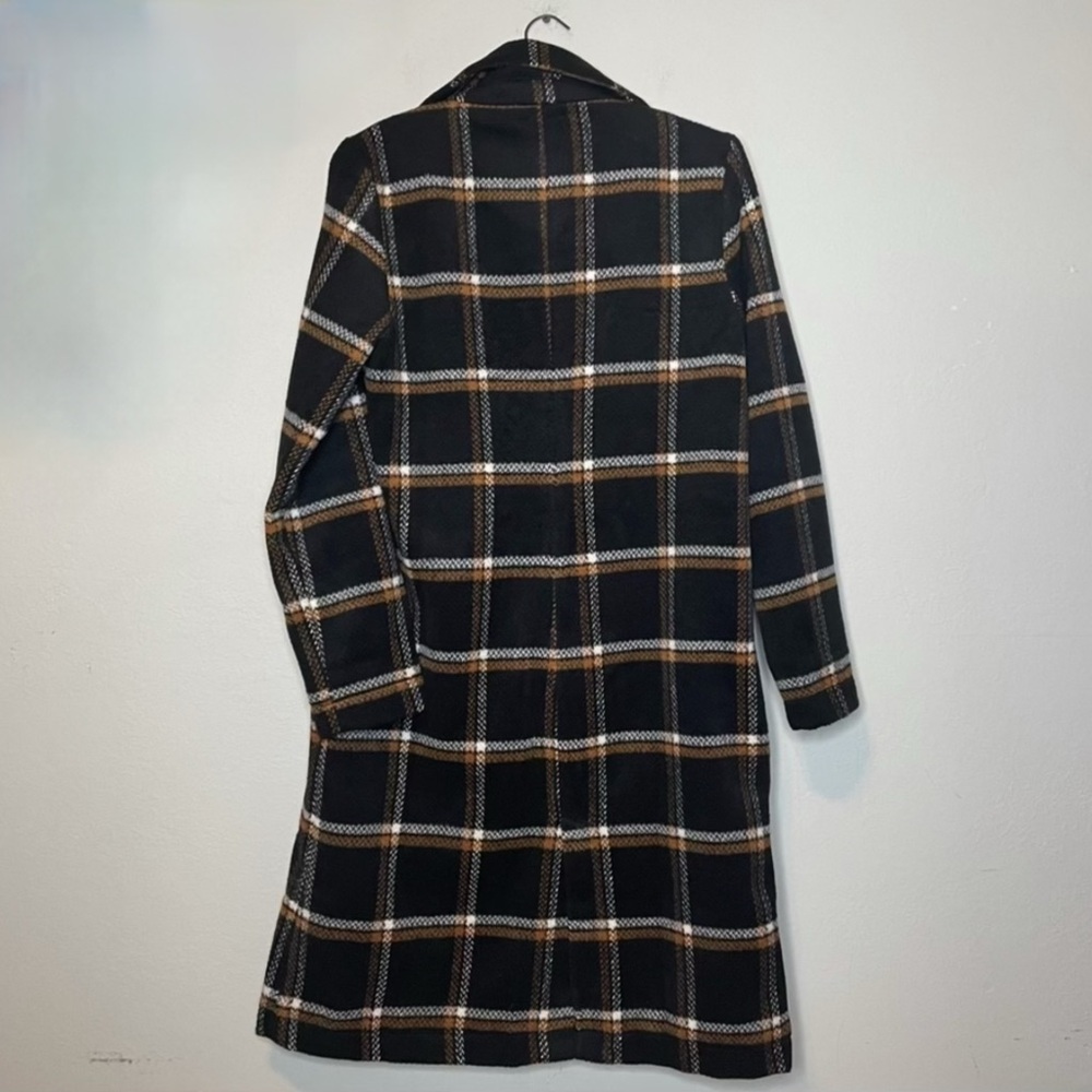 Sage Black Trench Coat with Plaid Pattern and Wide Lapel - Picture 2 of 6